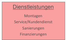 Dienstleistungen

Montagen
Service/Kundendienst
Sanierungen
Finanzierungen